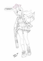 1girl absurdres ahoge blue_archive earbuds earphones hair_ornament halo highres melissa_v2 neckerchief pleated_skirt reisa_(blue_archive) shoes simple_background skirt sneakers solo standard_manufacturing_dp-12 star_(symbol) star_hair_ornament star_halo white_background