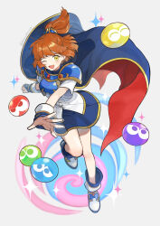 1girl ^_^ arle_nadja armor blue_boots blue_cape blue_eyes blue_gloves blue_skirt boots bridal_gauntlets brown_hair cape chest_guard closed_eyes commentary corset full_body gloves green_eyes grey_background lirio_(nikori9) looking_at_viewer one_eye_closed open_mouth pauldrons ponytail purple_eyes puyo_(puyopuyo) puyopuyo puyopuyo_n red_cape red_eyes short_ponytail short_sleeves shoulder_armor simple_background skirt slime_(creature) smile sparkle standing standing_on_one_leg two-sided_cape two-sided_fabric white_corset yellow_eyes