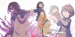 1girl :d black_shirt brown_hair closed_eyes commission creatures_(company) crop_top cyndaquil evolutionary_line fire full_body fur_trim game_freak gen_2_pokemon green_fur highres hisuian_typhlosion looking_at_another looking_at_viewer mask multiple_views nintendo open_mouth pokemon pokemon_(creature) purple_eyes purple_fire purple_fur purple_sash purple_shoes quilava red_eyes robinlovesop sash shirt shoes shorts simple_background smile standing white_background yellow_fur yellow_shorts