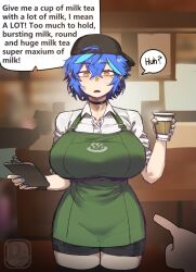 Rule 34 | 1girl, apron, aqua hair, backwards hat, baseball cap, blue hair, breasts, commentary, dif (difman), difman, green apron, green eyes, hat, huge breasts, iced latte with breast milk (meme), meme, messy hair, multicolored hair, original, parted lips, speech bubble, streaked hair, symbol-only commentary