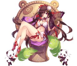 1girl bashosen brown_hair cushion folding_fan full_body hand_fan highres holding holding_fan long_hair navel official_art on_chair one_eye_closed panda phantom_of_the_kill purple_eyes red_sandals sandals sitting smile solo sweatdrop swimsuit zabuton