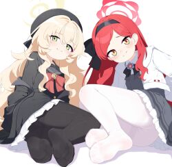 2girls black_bow black_bowtie black_gloves black_hairband black_hat black_jacket black_pantyhose black_sailor_collar blonde_hair blue_archive bow bowtie brown_eyes chinese_commentary closed_mouth commentary_request didac_fantasy feet frilled_skirt frills full_body gloves green_eyes grey_skirt hair_between_eyes hair_bow hairband halo hat highres jacket legs long_hair long_sleeves looking_at_viewer miniskirt multiple_girls no_shoes pantyhose parted_bangs pleated_skirt professor_niyaniya_(blue_archive) red_bow red_bowtie red_hair red_halo sailor_collar school_uniform sidelocks simple_background sitting skirt smile soles sweatdrop takane_(blue_archive) thighband_pantyhose toe_seam toes very_long_hair white_background white_jacket white_pantyhose yellow_halo yokozuwari