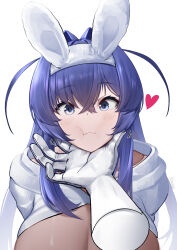 1girl :3 :t absurdres alternate_costume animal_ear_hairband animal_ears arms_behind_back azur_lane blue_eyes blue_hair blush bodystocking breasts cleavage closed_mouth commentary crossed_bangs disembodied_hand english_commentary fake_animal_ears hair_between_eyes hair_intakes hairband hand_on_another&#039;s_chin heart highres irkawaza large_breasts long_hair looking_at_viewer new_jersey_(azur_lane) rabbit_ear_hairband rabbit_ears see-through_cleavage see-through_clothes shrug_(clothing) sidelocks signature simple_background solo_focus stroking_another&#039;s_chin upper_body white_background white_hairband white_shrug