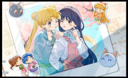 Rule 34 | 5girls, aino minako, arm around neck, artemis (sailor moon), bishoujo senshi sailor moon, black border, black hair, blonde hair, blue eyes, blue jacket, blue skirt, blue sky, border, casual, cherry blossoms, chibi, commentary request, cowboy shot, double bun, earrings, finger to eye, green shirt, hair bun, hand on own hip, highres, hino rei, index finger raised, jacket, jewelry, kino makoto, long hair, long shirt, looking at another, luna (sailor moon), mizuno ami, multiple girls, notepad, one eye closed, overalls, photo (object), pink overalls, pleated skirt, purple eyes, shirt, skirt, sky, tongue, tongue out, tsukino usagi, twintails, white shirt, yaner 10