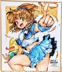 Rule 34 | arle nadja, armor, breastplate, breasts, brown eyes, brown hair, carbuncle (puyopuyo), magic, medium breasts, medium hair, miniskirt, narita imomushi, navel, open mouth, ponytail, puyopuyo, simple background, skirt, smile, thighs
