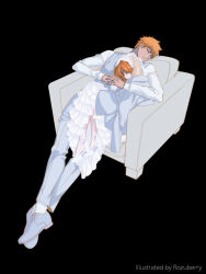 Rule 34 | 1boy, 1girl, absurdres, artist name, black background, bleach, blue jacket, blue pants, blue shoes, blue suit, blue vest, bridal veil, bride, chair, closed eyes, collared shirt, couple, cuddling, dress, dress shoes, formal clothes, frilled dress, frills, full body, groom, hetero, high heels, highres, husband and wife, inoue orihime, jacket, jacket on shoulders, jewelry, kurosaki ichigo, long dress, long hair, long sleeves, orange hair, own hands clasped, own hands together, pants, parted bangs, ring, rozuberry, shirt, shoes, short hair, side slit, sitting, sleeping, spiked hair, suit, veil, vest, waistcoat, wedding dress, wedding ring, white dress, white shirt, white shoes