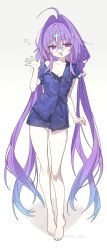 1girl ahoge bare_shoulders barefoot blue_hair blue_shirt blue_shorts breasts collarbone crossed_bangs full_body funa_(sakana) gradient_hair hair_between_eyes hair_intakes hand_up highres long_hair looking_at_viewer low_twintails multicolored_hair open_mouth original pajamas purple_eyes purple_hair shirt short_shorts short_sleeves shorts simple_background small_breasts solo standing twintails very_long_hair waving white_background