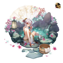 1girl ahoge azalea_(flower) backless_dress backless_outfit blunt_bangs braid breasts bucket butt_crack choko_(cup) commentary_request cup dress flower flower_knot flower_on_liquid folding_fan french_braid from_behind fu_ji full_body hair_flower hair_intakes hair_ornament hair_ribbon hair_up hand_fan highres lantern logo looking_at_viewer looking_back mahjong_soul medium_breasts mouth_hold official_art onsen pink_flower revealing_clothes ribbon rock shine_cheese short_hair short_hair_with_long_locks sideboob sitting soaking_feet solo stone_walkway tachi-e tassel tokkuri towel tray tress_ribbon water white_background white_dress white_flower white_hair wooden_bucket yellow_eyes
