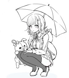 1girl :o animal_bag backpack bag bow breasts cat_bag danganronpa_(series) danganronpa_2:_goodbye_despair diaper ear_bow flipped_hair greyscale highres holding holding_umbrella hood hood_down hooded_jacket jacket large_breasts long_sleeves medium_hair miniskirt monochrome monomi_(danganronpa) nanami_chiaki nia_(nya_nanjr) open_clothes open_jacket pleated_skirt shoes skirt spaceship_hair_ornament thighhighs umbrella