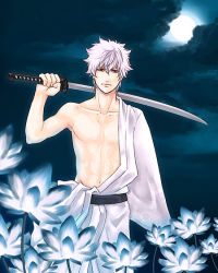 1boy arima_(iro_rabbit) bad_id bad_pixiv_id bare_shoulders cowboy_shot flower full_moon gintama japanese_clothes katana lotus male_focus moon red_eyes sakata_gintoki solo sword weapon white_hair