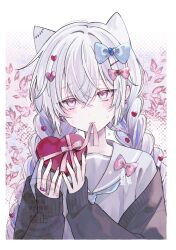 1girl animal_ears black_sweater blue_bow bow braid cat_ears collarbone crying floral_background gradient_eyes hair_bow hair_ornament hairclip heart highres holding holding_heart long_hair long_sleeves multicolored_eyes muon neckerchief original red_bow ribbon sitting solo stitched_ear sweater twin_braids twintails watermark white_hair