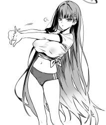 1girl absurdres blue_archive breasts buruma cameltoe commentary covered_erect_nipples greyscale gym_uniform hair_ornament hairclip halo highres large_breasts long_hair looking_at_viewer midriff monochrome navel peko25jita rio_(blue_archive) solo stretching very_long_hair