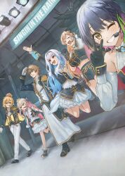 Rule 34 | 2boys, 3girls, :d, black gloves, black hair, blue hair, blush, braid, brown hair, closed eyes, colored inner hair, doidamon, dot nose, frilled skirt, frills, furen e lustario, gloves, green eyes, grin, headset, highres, jumping, kagami hayato, lize helesta, long hair, looking at another, looking at viewer, makaino ririmu, midriff, multicolored hair, multiple boys, multiple girls, nijisanji, nijisanji idol uniform, one eye closed, open mouth, pink hair, red eyes, selfie, short hair, side braid, skirt, smile, stage, streaked hair, sweatdrop, tiara, two-tone hair, uzuki kou, v, virtual youtuber, white gloves, white hair, wings, yamagami karuta, yellow eyes