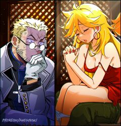 1girl 2boys alexander_anderson anger_vein blonde_hair breasts brief_(psg) closed_eyes commentary confessional cross dress earrings english_commentary glasses gloves green_pants hands_up hellsing highres hoop_earrings implied_sex indoors interlocked_fingers jewelry long_hair long_sleeves medium_breasts multiple_boys nail_polish open_mouth orange_hair panties pants panty_&amp;_stocking_with_garterbelt panty_(psg) panty_pull praying red_dress red_nails round_eyewear sitting sitting_on_lap sitting_on_person sleeveless sleeveless_dress snegovski strap_slip sweat underwear v-shaped_eyebrows white_gloves white_panties