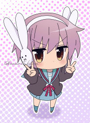 Rule 34 | 1girl, artist name, blue sailor collar, blue skirt, blush, brown eyes, bunny headphones, chibi, commentary request, double v, headphones, kita high school uniform, kuuma25 kuma, looking at viewer, nagato yuki, polka dot, polka dot background, purple hair, red ribbon, ribbon, sailor collar, school uniform, serafuku, short hair, skirt, solo, suzumiya haruhi-chan no yuuutsu, suzumiya haruhi no yuuutsu, twitter username, v, v-shaped eyebrows, watermark