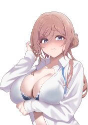 1girl absurdres arm_under_breasts black_bra blue_eyes bra bra_peek breasts brown_hair cleavage commentary_request disgust gakuen_idolmaster hair_bun highres himesaki_rinami idolmaster large_breasts long_hair long_sleeves looking_at_viewer murasame_(jhrdtc) open_clothes open_shirt partially_shaded_face simple_background single_hair_bun solo underwear upper_body white_background
