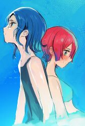 1boy 1girl amate_yuzuriha aqua_eyes back-to-back blue_background blue_hair blush commentary gundam gundam_gquuuuuux highres red_eyes red_hair short_hair shuji_ito sleeveless tank_top turumiya_s upper_body wet wet_hair