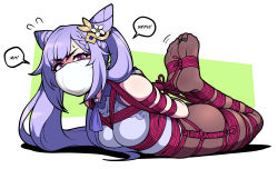 1girl absurdres arms_behind_back bdsm bondage bound bound_arms bound_legs bound_toes braid cloth_gag double_bun feet flower flying_sweatdrops full_body gag gagged genshin_impact hair_bun hair_flower hair_ornament highres hogtie improvised_gag jam-orbital keqing_(genshin_impact) long_hair looking_at_viewer lying on_stomach over_the_nose_gag pantyhose purple_eyes purple_hair red_rope rope shibari simple_background sleeveless solo sweatdrop swept_bangs twintails