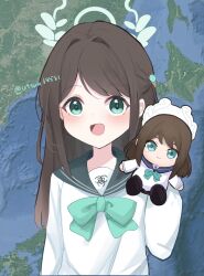 1girl :d airi_(blue_archive) aqua_bow aqua_bowtie aqua_eyes aqua_halo blue_archive blush bow bowtie brown_hair commentary_request food-themed_hair_ornament green_sailor_collar hair_intakes hair_ornament halo hand_up highres ice_cream_hair_ornament long_hair long_sleeves map map_background open_mouth sailor_collar school_uniform serafuku shirt smile solo stuffed_toy twitter_username upper_body uttsu_(yumaviviane) white_shirt