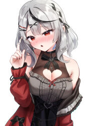 Rule 34 | 1girl, bandaid, bandaid on neck, black dress, black hair, black nails, blush, breasts, chromatic aberration, cleavage, cleavage cutout, clothing cutout, dress, grey hair, hair ornament, hairpin, highres, hololive, jacket, large breasts, looking at viewer, medium hair, nail polish, official alternate costume, open mouth, red eyes, red jacket, sakamata chloe, sakamata chloe (jirai kei), solo, takotakochan 1006, virtual youtuber, x hair ornament