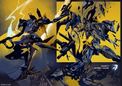 Rule 34 | armored core, armored core vi: fires of rubicon, battle damage, blue eyes, character name, emblem, full body, gun, handgun, holding, holding gun, holding weapon, humanoid robot, kuroihato, mecha, mecha focus, missile pod, missing limb, no humans, reverse-jointed legs, robot, science fiction, steel haze, twitter username, weapon, yellow background