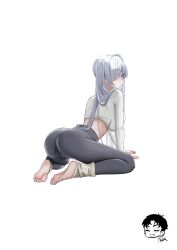 1girl absurdres ass barefoot blue_eyes breasts cinderella_(nikke) cropped_shirt danny_marx from_behind goddess_of_victory:_nikke grey_pants hashtag-only_commentary highres kneeling large_breasts long_hair looking_at_viewer pants shirt simple_background soles solo toes twintails very_long_hair white_background white_shirt yoga_pants