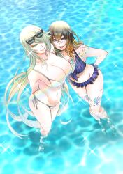 2girls arms_behind_back bare_shoulders bikini bikini_skirt black_bikini blonde_hair bloodstained:_ritual_of_the_night blue_eyes body_markings breasts brown_hair cleavage dominique_(bloodstained) eyewear_on_head full_body hair_between_eyes hair_over_one_eye large_breasts long_hair looking_at_viewer miriam_(bloodstained) multiple_girls ocean partially_submerged refraction rosie_rosie side-tie_bikini_bottom sunglasses swimsuit very_long_hair white_bikini