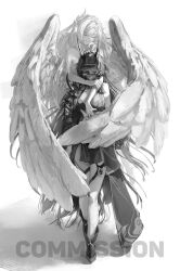 2girls angel_wings boots breasts commentary commission dress elysia_(herrscher_of_human:_ego)_(honkai_impact) elysia_(honkai_impact) english_commentary gandy_(gan3e46) glitch greyscale highres honkai_(series) honkai_impact_3rd hug hug_from_behind large_breasts long_hair monochrome multiple_girls nude raiden_mei raiden_mei_(herrscher_of_thunder) smile veil very_long_hair watermark wings