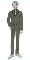 1boy black_shirt challia_bull collared_shirt dress_shoes epaulettes facial_hair full_body gloves goatee green_hair green_jacket green_pants gundam gundam_gquuuuuux hand_in_pocket highres jacket looking_at_viewer male_focus military_uniform mustache necktie official_art pants parted_hair shirt short_hair simple_background solo standing tie_clip transparent_background white_gloves yellow_necktie
