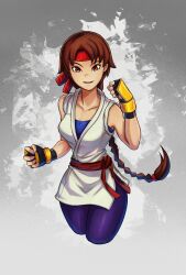 1girl braid braided_ponytail breasts brown_eyes brown_hair dougi female_focus gloves hairband karate_gi leather leggings long_hair looking_at_viewer medium_breasts open_mouth pale_skin pants ponytail shirt single_braid sleeveless smile stickiezblue the_king_of_fighters thick_thighs thighs wide_hips yoga_pants yuri_sakazaki