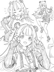 &gt;_&lt; 1girl animal_ears claw_pose commentary_request ddal elbow_gloves fingerless_gloves gloves greyscale hand_on_own_hip highres ju_fufu lanyard long_hair monochrome multiple_views notice_lines paw_pose sketch sparkle tiger_ears tiger_girl zenless_zone_zero