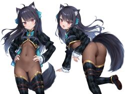 1girl ahoge animal_ear_fluff animal_ears argyle_clothes arm_support ass belt black_hair black_shoes blue_belt blue_bow blue_bowtie blue_ribbon blush bodystocking bow bowtie breasts brown_belt cameltoe chest_belt closed_mouth commentary_request commission covered_navel cowboy_shot floating_hair foot_out_of_frame frilled_sleeves frills gluteal_fold hair_between_eyes hair_ribbon hands_on_own_hips highres long_hair long_sleeves looking_at_viewer multiple_views open_mouth red_eyes ribbon shoe_soles shoes shrug_(clothing) simple_background skeb_commission small_breasts smile standing suyamori svartlilja_(vrchat) tail thigh_belt thigh_strap very_long_hair vrchat white_background wolf_ears wolf_girl wolf_tail