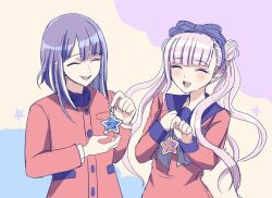 blue_background brother_and_sister hair_between_eyes long_hair long_sleeves open_mouth pink_hair purple_hair siblings simple_background star_(symbol) teeth the_hundred_line_-last_defense_academy- tsukumo_ima tsukumo_kako twins twintails upper_body upper_teeth_only yellow_background