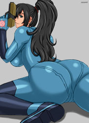 ass black_hair breasts cameltoe cosplay highres huge_ass large_breasts metroid nico_robin nintendo one_piece papepox2 ponytail samus_aran samus_aran_(cosplay) zero_suit