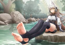 1girl arknights barefoot black_thighhighs fartooth_(arknights) feet grey_hair highres lake medium_hair ming soles stirrup_legwear thighhighs toeless_legwear toes yellow_eyes