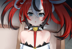 1girl acht_(jelly_fish) animal_ears bare_shoulders black_collar black_hair blue_eyes breasts collar cropped_shirt detached_sleeves dice dice_hair_ornament hair_ornament hakos_baelz hakos_baelz_(1st_costume) highres hololive hololive_english long_hair looking_at_viewer medium_breasts mouse_ears mouse_girl multicolored_hair open_mouth red_hair shirt solo spiked_collar spikes strapless streaked_hair twintails virtual_youtuber white_hair white_shirt white_sleeves
