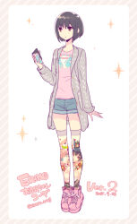 1girl bare_arms black_hair blue_shorts blunt_ends bob_cut border bow bracelet brown_eyes buttons character_print collared_jacket commentary_request denim denim_shorts dot_nose expressionless footwear_bow full_body grey_border grey_jacket holding holding_wallet jacket jewelry long_sleeves looking_ahead nishimura_eri open_clothes open_jacket original parted_lips pink_bow pink_shirt pink_shoes pocket shirt shoes short_hair short_shorts shorts sneakers solo sparkle standing striped_border sweater_jacket t-shirt thighhighs wallet white_background yellow_thighhighs