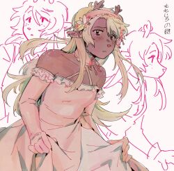 1girl absurdres animal_ears animal_nose animification antlers bare_shoulders black_eyes blonde_hair body_fur brown_fur clothes_lift commentary cosplay deer_antlers deer_ears deer_girl deltarune dress dress_lift earrings elbow_gloves english_commentary frilled_dress frilled_gloves frills furry furry_female gloves goomyloid hairband highres horns jewelry key long_hair looking_at_viewer mixed-language_commentary momoiro_no_kagi_(vocaloid) noelle_holiday pink_dress pink_gloves romaji_commentary sidelocks simple_background sketch_inset solo translation_request very_long_hair white_background