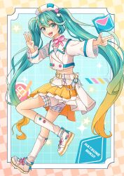 1girl absurdres aqua_eyes aqua_hair beret blush bow bowtie character_name cropped_jacket flag full_body hair_between_eyes hair_ornament hat hatsune_miku highres holding holding_flag jacket long_hair long_sleeves looking_at_viewer magical_mirai_(vocaloid) magical_mirai_miku magical_mirai_miku_(2024) midriff natsu_chiki official_alternate_costume official_alternate_hairstyle open_mouth pink_bow pink_bowtie pleated_skirt shoes shorts shorts_under_skirt skirt smile solo twintails very_long_hair vocaloid white_hat white_jacket white_shoes yellow_skirt