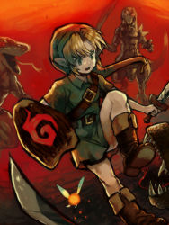 aoki_(fumomo) blonde_hair blue_eyes child creature deku_shield fairy hat holding holding_sword holding_weapon link lizalfos navi nintendo the_legend_of_zelda:_ocarina_of_time pointy_ears shield sword the_legend_of_zelda the_legend_of_zelda:_ocarina_of_time weapon wooden_shield young_link