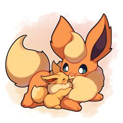 Rule 34 | absurdres, animal focus, blonde hair, blush, eevee, evolutionary line, flareon, gen 1 pokemon, green eyes, happy, highres, lying, nintendo, no humans, pokemon, pokemon (creature), sevi (seviyummy), smile