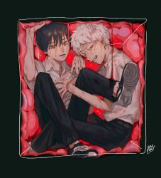 Rule 34 | 2boys, belt, black belt, black hair, black pants, blood, box, collared shirt, commentary request, full body, hair between eyes, highres, hikaru ga shinda natsu, in box, in container, indou hikaru, looking at viewer, male focus, mokumokuren (mokmok len), mole, mole on cheek, mole under eye, mole under mouth, multiple boys, multiple moles, pants, red pupils, school uniform, shirt, shoe soles, shoes, short hair, short sleeves, signature, smile, sweat, trapped, tsujinaka yoshiki, wet, white hair, white shirt
