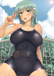 Rule 34 | 1girl, absurdres, aqua eyes, aqua hair, bad id, bad pixiv id, blue one-piece swimsuit, blush, breasts, cleavage, cloud, collarbone, competition school swimsuit, covered navel, day, female focus, hair ornament, hairclip, heart lock (kantai collection), highres, kantai collection, large breasts, leaning back, lens flare, long hair, looking at viewer, lying, one-piece swimsuit, open mouth, osananajimi neko, outdoors, school swimsuit, sky, solo, suzuya (kancolle), swimsuit, thighs, tree, underboob, v, wet