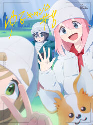 animal black_hair blue_eyes brown_hair chihuahua chikuwa_(yurucamp) commentary_request dog hair_between_eyes hat highres hood hoodie inuyama_aoi jacket kagamihara_nadeshiko long_hair long_sleeves looking_at_viewer multiple_girls official_art open_mouth outdoors pink_hair saitou_ena sena_8ito short_hair smile thick_eyebrows yurucamp
