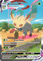 animal animal_focus artist_name blue_sky brown_eyes card_(medium) character_name cloud company_name copyright_name copyright_notice day dynamax english_text fence full_body gen_4_pokemon hay_bale hyogonosuke leaf leafeon nintendo no_humans official_art outdoors oversized_animal pillar_of_light pokemon pokemon_(creature) pokemon_card pokemon_focus pokemon_tcg rake red_clouds shovel sky solo third-party_source trading_card tree wheelbarrow
