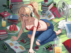 1girl bare_shoulders blonde_hair bra braid breasts cleavage denim electric_fan fate/apocrypha fate_(series) glasses green_eyes headphones highres jeans long_hair medium_breasts mordred_(fate) mordred_(fate/apocrypha) pants parted_bangs ponytail red_bra sidelocks solo tonee underwear