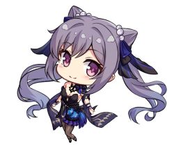 Rule 34 | 1girl, black dress, black shoes, black sleeves, blush, breasts, brown pantyhose, chibi, cleavage, closed mouth, commentary request, cone hair bun, detached sleeves, dress, genshin impact, hair bun, keqing (genshin impact), keqing (opulent splendor) (genshin impact), long hair, looking at viewer, medium breasts, pantyhose, puffy short sleeves, puffy sleeves, purple eyes, purple hair, shoes, short sleeves, simple background, smile, solo, strapless, strapless dress, transparent background, twintails, very long hair, white background, yuririn poi