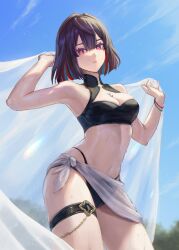 1girl absurdres bikini black_bikini black_hair blue_sky bracelet breasts bright_pupils cowboy_shot green_hair highres honkai:_star_rail honkai_(series) jewelry linea_alba looking_at_viewer medium_breasts medium_hair michiko_(ui29) multicolored_hair navel outdoors parted_lips red_eyes red_hair sarong see-through_clothes see-through_sarong sky solo stomach streaked_hair swimsuit thigh_strap white_pupils white_sarong xueyi_(honkai:_star_rail)