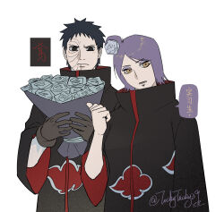 Rule 34 | 1boy, 1girl, absurdres, akatsuki uniform, black hair, blush, bouquet, breasts, flower, hair flower, hair ornament, highres, holding, holding bouquet, konan (naruto), naruto (series), naruto shippuuden, purple hair, scar, scar on face, short hair, speech bubble, spiked hair, tockytacky39, translation request, uchiha obito