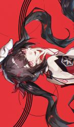 absurdres back_tattoo bare_shoulders black_hair finger_to_mouth floating_hair fox_mask highres honkai:_star_rail honkai_(series) looking_at_viewer looking_back mark_under_both_eyes mask mask_on_head purple_eyes red_background red_nails red_sleeves shiraki_(y_aira_srk) sideways simple_background sparkle_(honkai:_star_rail) tattoo twintails upper_body